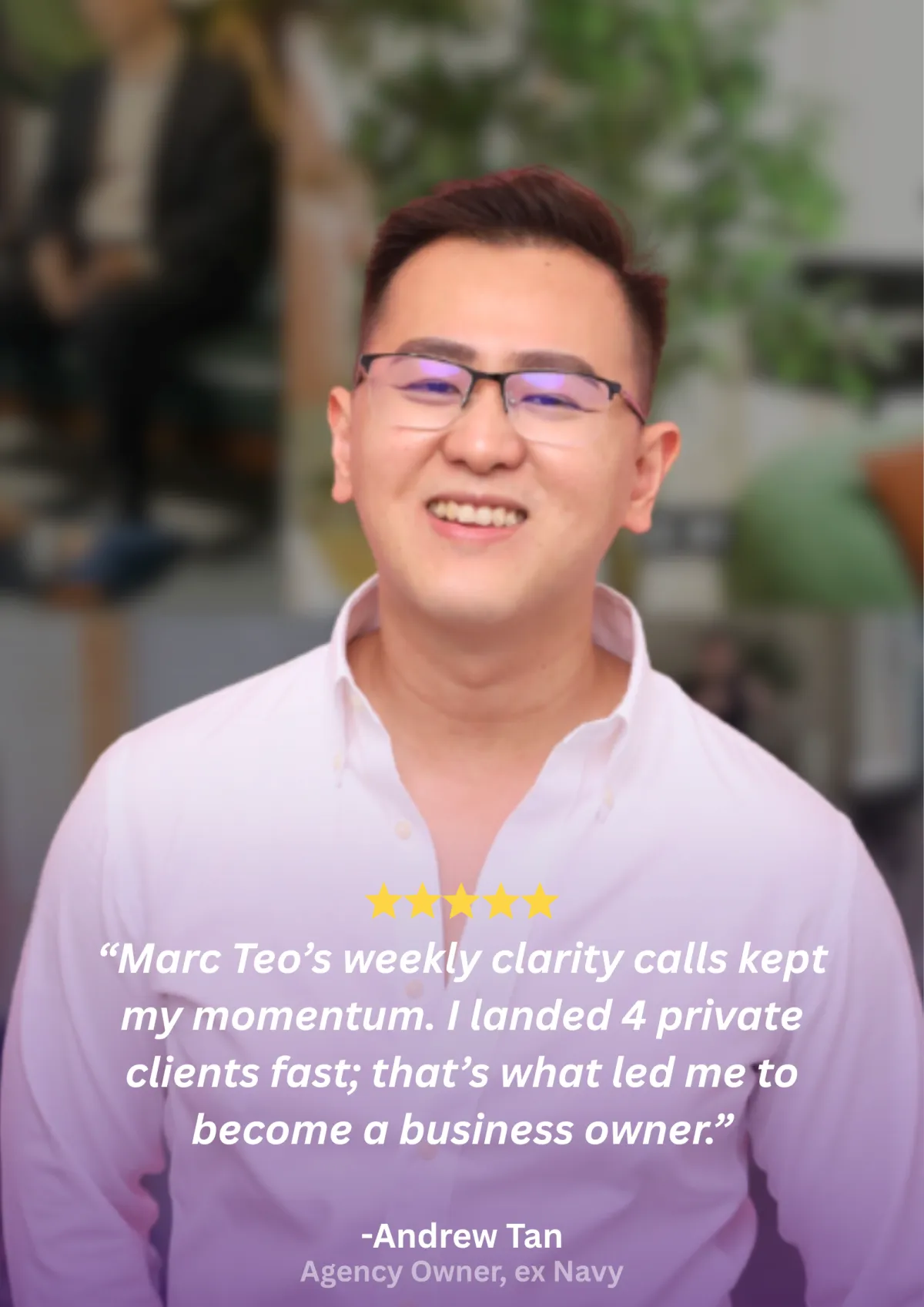 Client testimonial card, Andrew