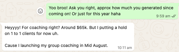 Client message showing around $65k generated since joining