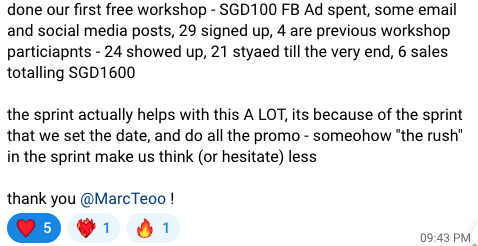 Client message showing SGD100 of ads leading to 6 sales totalling SGD1,600