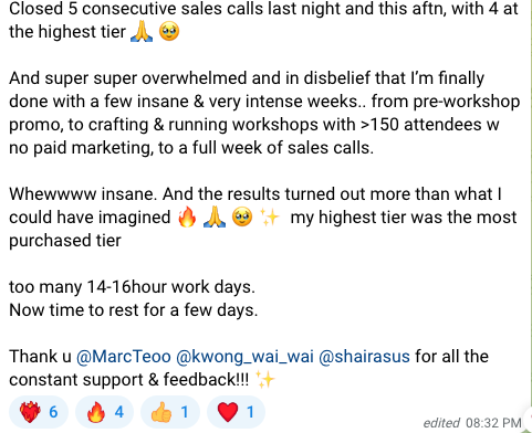 Client message showing 5 consecutive sales calls closed, with 4 at the highest tier