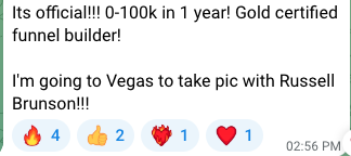 Client message showing 0 to 100k in a year, certified funnel builder