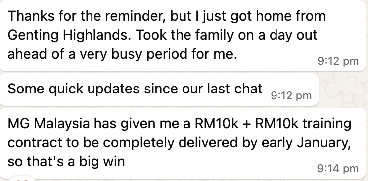 Client message showing an RM10k plus RM10k training contract