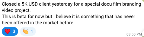 Client message showing a closed 5K USD client for a branding project